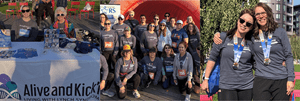 Three images show participants at an "AliveandKick’n: Living with Lynch Syndrome" event, featuring an info booth, a group photo, and two women with medals.