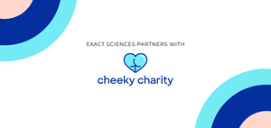 Exact Sciences partners with” followed by the Cheeky Charity logo on white background