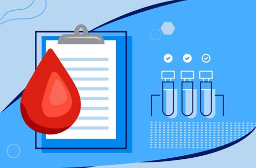 Illustration of a blood drop, a clipboard, and test tubes.