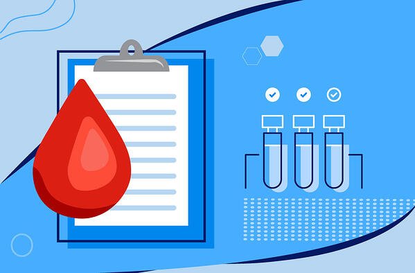 Illustration of a blood drop, a clipboard, and test tubes