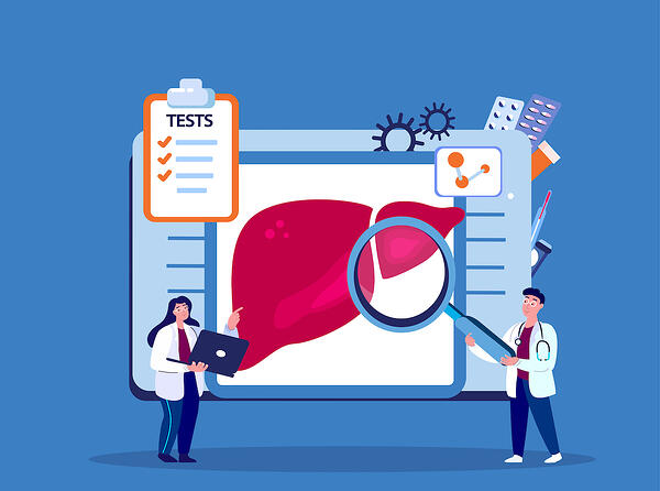 Illustration of two healthcare professionals examining an enlarged liver graphic with a magnifying glass, alongside a clipboard displaying a test checklist