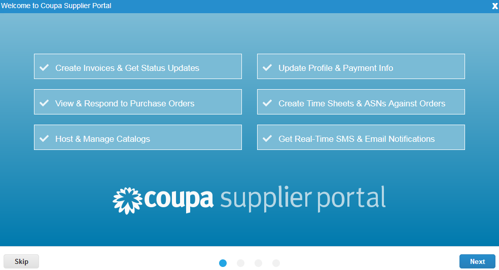 Screenshot of introduction page on the Coupa Supplier Portal.