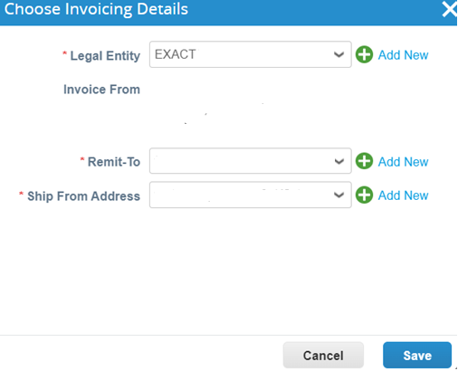 Screenshot of Choose Invoicing Details page on Coupa Supplier Portal. 