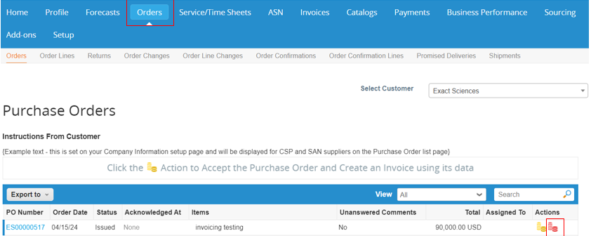 Screenshot of Purchase Orders page on the Coupa Supplier Portal.